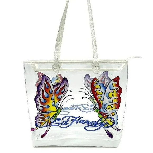 Ed Hardy Handbags - NWT Ed Hardy Butterfly Graphic Vintage Y2K Clear Festival‎ Large Tote Bag
